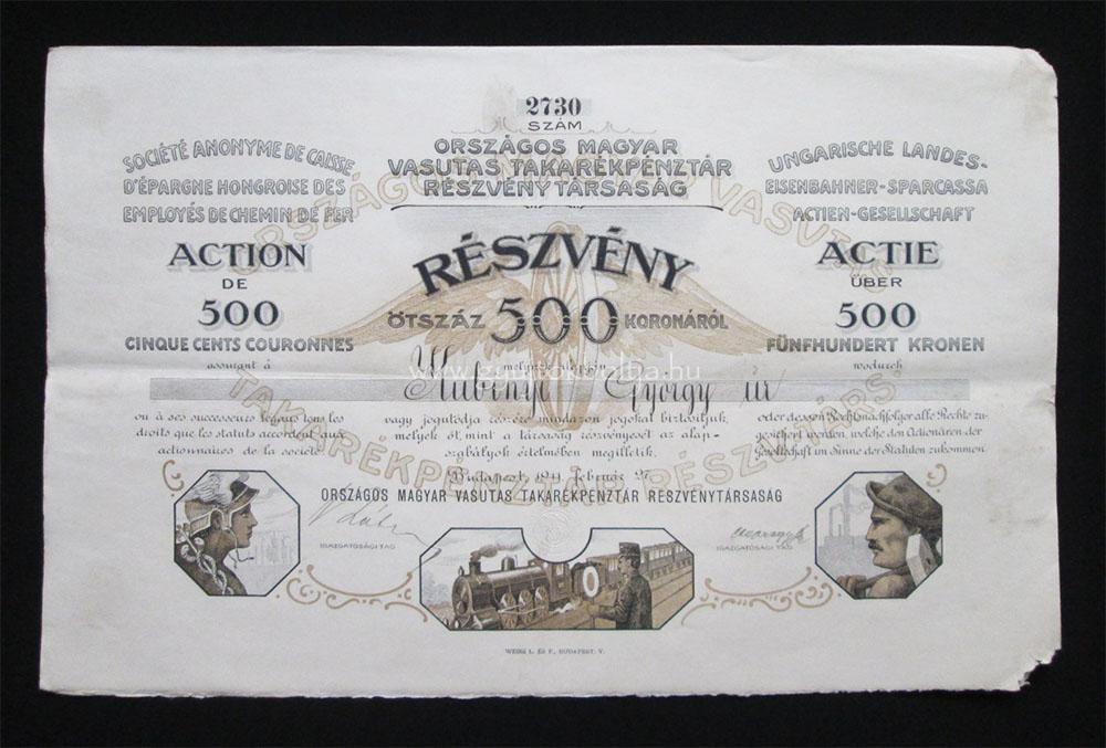 Orszgos Magyar Vasutas Takarkpnztr rszvny 500 korona 1911